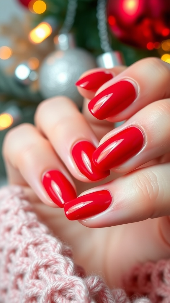 Short nails painted red for Christmas, with a festive background of holiday decorations.